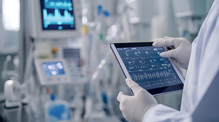 Close-up of a doctor using a handheld digital tablet while wearing protective gloves and a lab coat. The tablet screen shows patient data and diagnostic tools, with medical equipment visible