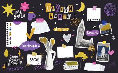Vision board collage template, taped notebook papers and notes. Magazines cutout of travel goals, big ben, sea holidays. Wish workshop blackboard, modern zine style