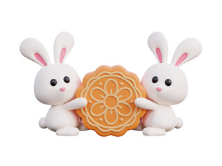 Happy mid autumn festival with cute rabbit and mooncake, traditional celebrations in Asian, 3d rendering.
