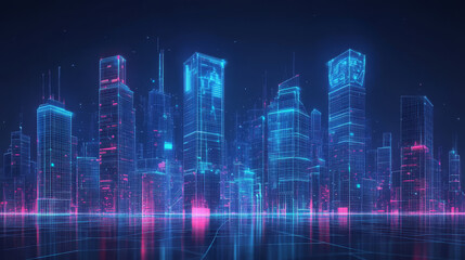 A futuristic vector illustration of a smart city panorama, designed in a digital polygonal style. The cityscape features tech buildings rendered with low poly wireframe elements, set against a dark bl