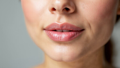Obraz premium Close-up of a woman’s lower face focusing on her plump, well-maintained lips with a neutral background.