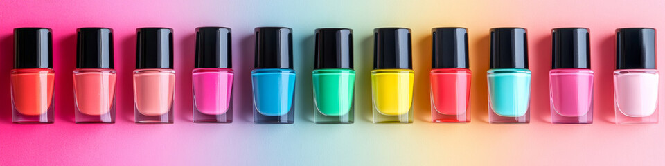 Obraz premium Vivid Nail Polish Bottles Aligned on Gradient Pastel Background