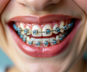 Obraz premium Woman smiling showing braces on teeth with blue elastic bands