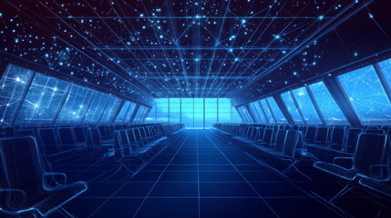 A digital vector illustration featuring a 3D airplane and an empty departure lounge, set against a dark blue background. The design uses low poly wireframe elements with dots, lines, and stars to crea