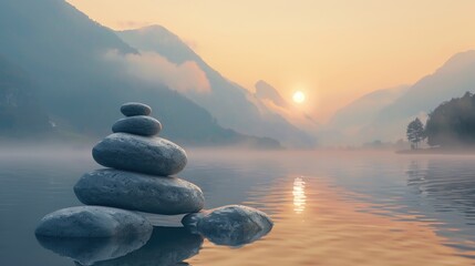 Photo of balanced stones on water with fog and mountains in the background, sunrise, calm, serenity, meditation, balance, yoga concept.