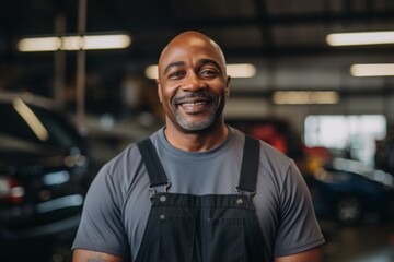 Portrait of a middle aged African American mechanic in shop