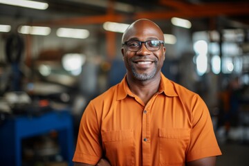 Obraz premium Portrait of a middle aged African American mechanic in shop