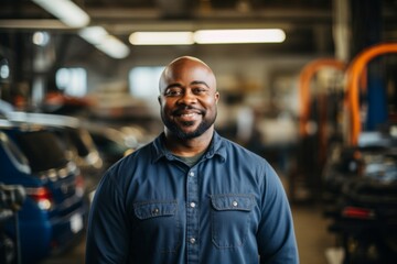 Fototapeta premium Portrait of a middle aged African American mechanic in shop