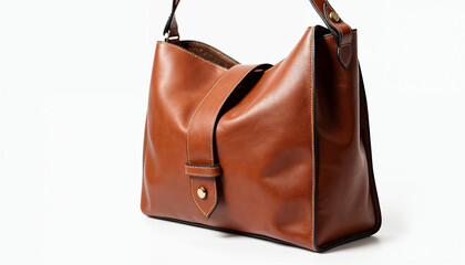 Close-up of a modern handcrafted leather shoulder bag against a plain white background, highlighting its design and craftsmanship.






