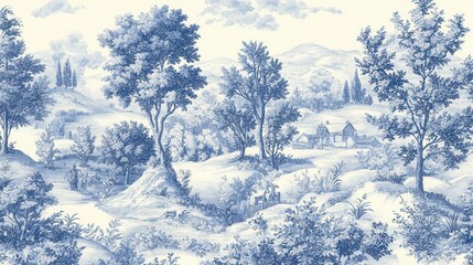 elegant blue and white toile pattern intricate pastoral scenes delicate brushwork classic french country aesthetic