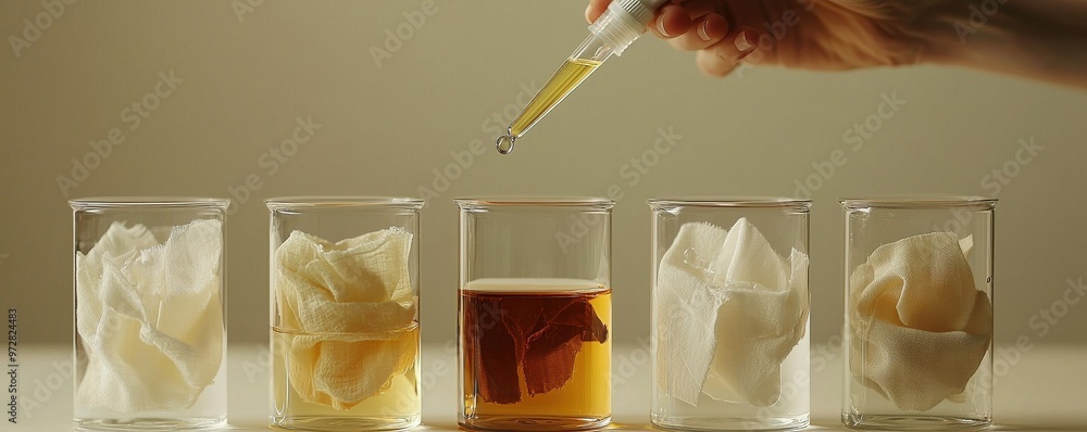 Poster chemistry lab setup with beakers and flasks containing various liquids and textiles
