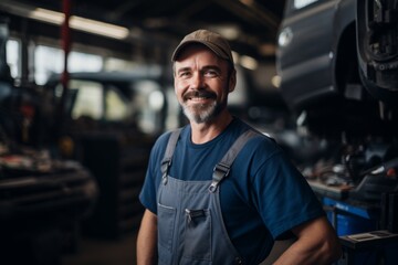 Portrait of a middle aged Caucasian mechanic in shop