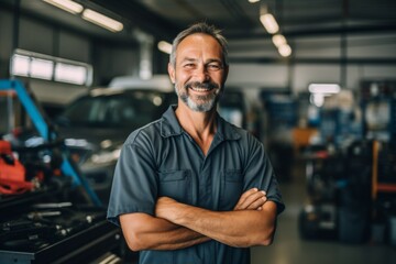 Obraz premium Portrait of a middle aged Caucasian mechanic in shop
