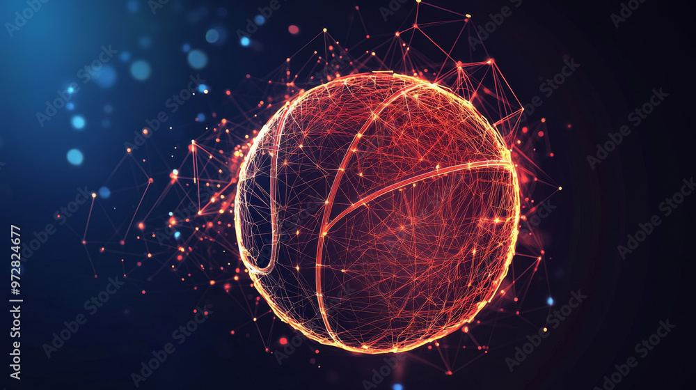 Poster a futuristic vector illustration of a basketball, rendered with a wireframe mesh and polygonal eleme