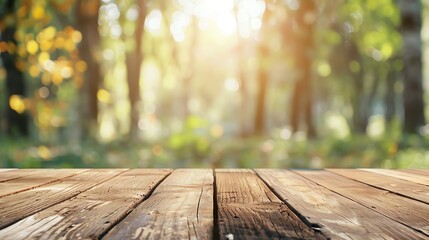 Fototapeta premium A serene wooden table with sunlight filtering through a forest, perfect for showcasing natural beauty and rustic charm.