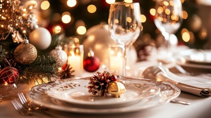 elegant christmas dinner setting luxurious restaurant table opulent decorations warm candlelight fine china festive centerpiece inviting ambiance