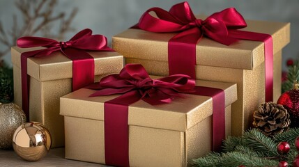 Obraz premium elegant christmas gift array shimmering gold and red boxes with satin ribbons