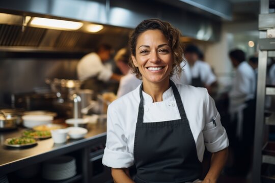 Portrait of a middle aged Hispanic female chef in kitchen