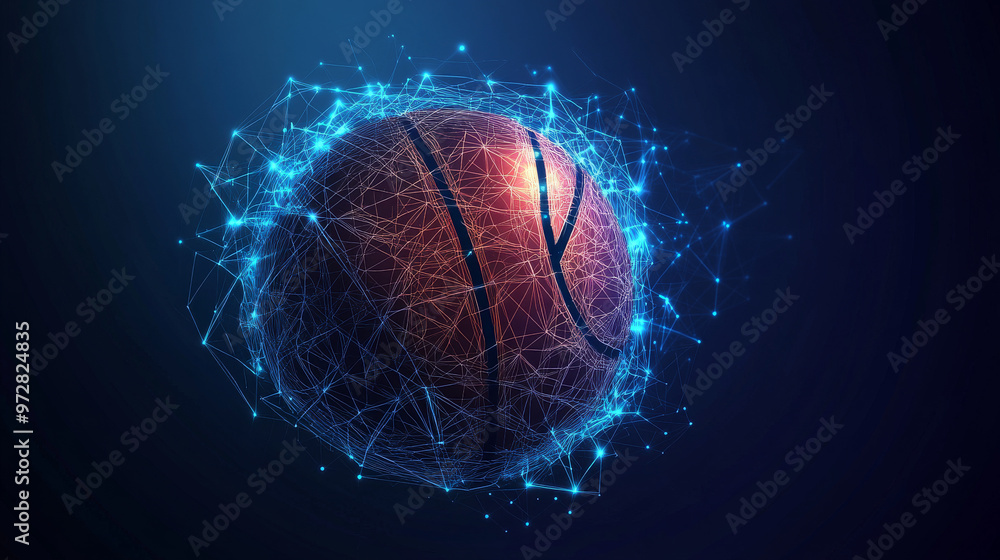 Poster a futuristic vector illustration of a basketball, rendered with a wireframe mesh and polygonal eleme