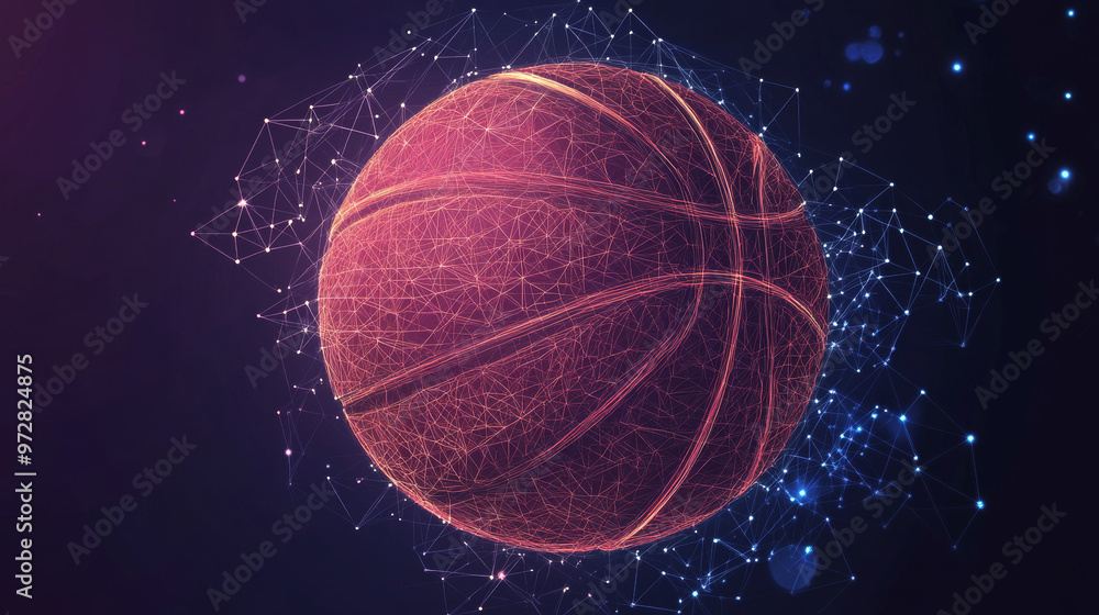 Poster a futuristic vector illustration of a basketball, rendered with a wireframe mesh and polygonal eleme