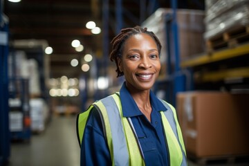 Naklejka premium Portrait of a middle aged female forklift worker in warehouse