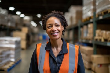 Fototapeta premium Portrait of a middle aged female forklift worker in warehouse
