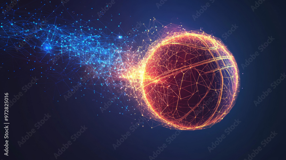 Poster a futuristic vector illustration of a basketball, rendered with a wireframe mesh and polygonal eleme