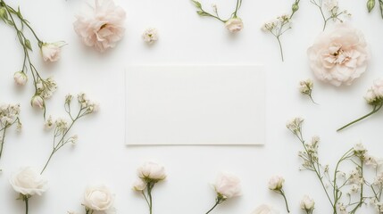 elegant floral arrangement framing blank card on white background delicate organic blooms in soft pastel hues creating romantic ethereal composition