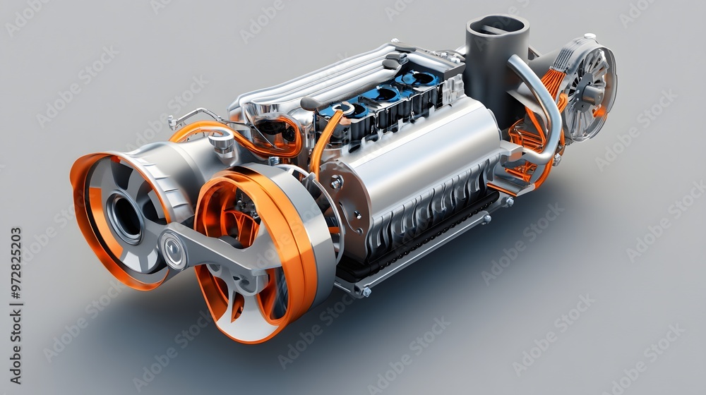 Poster 50. **realistic 3d model of a cutting-edge hybrid engine with visible integration of electric and co