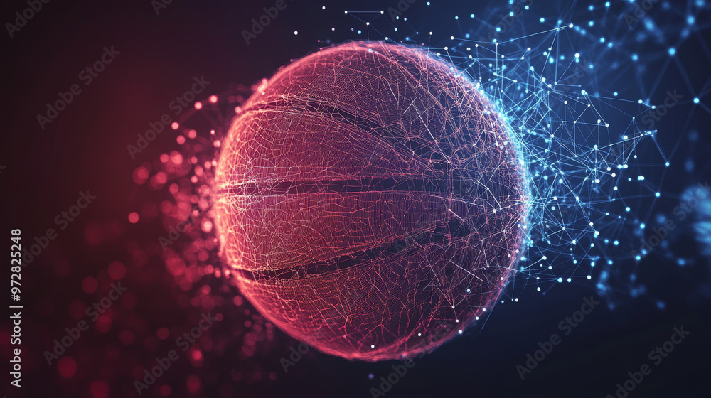 Poster a futuristic vector illustration of a basketball, rendered with a wireframe mesh and polygonal eleme