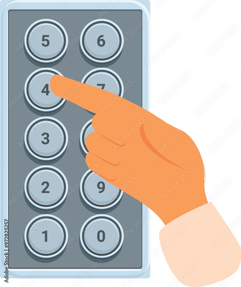 Poster hand is pushing number four button of an elevator control panel