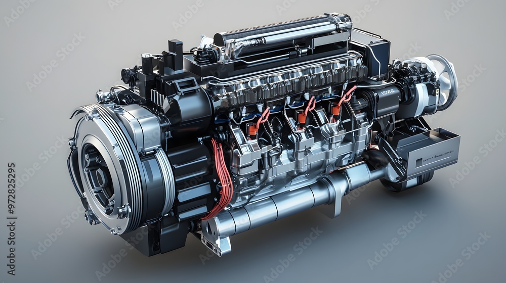 Poster 50. **realistic 3d model of a cutting-edge hybrid engine with visible integration of electric and co