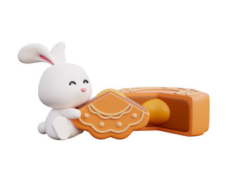 Happy mid autumn festival with cute rabbit and mooncake, traditional celebrations in Asian, 3d rendering.