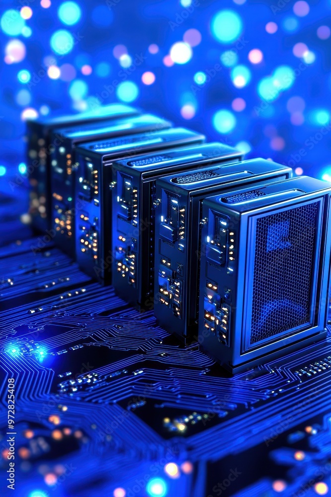 Poster high-tech server racks illuminated by blue lights on a computer circuit board, showcasing modern dat