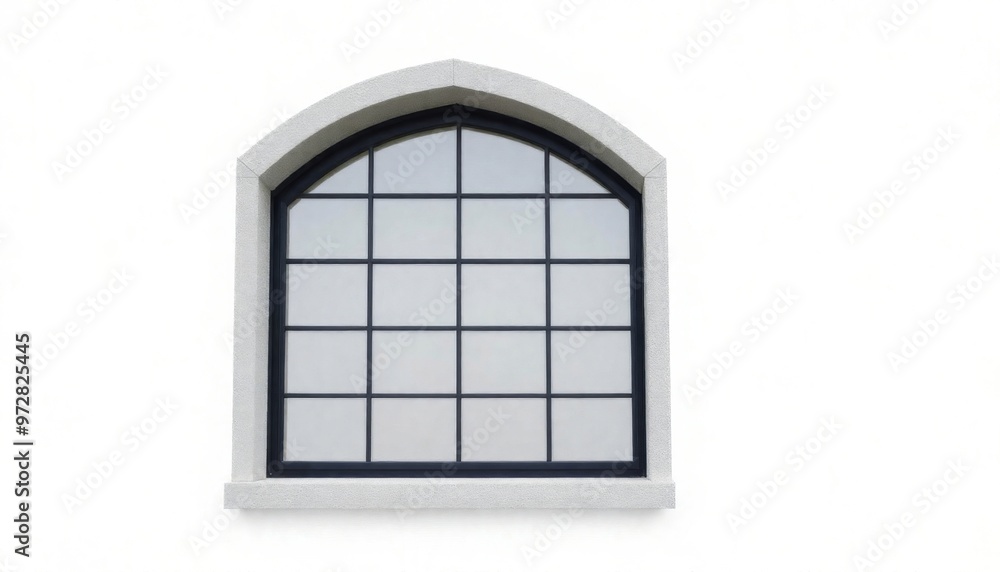 Poster elegant arched window with grid design on a white wall, showcasing classic architecture and timeless
