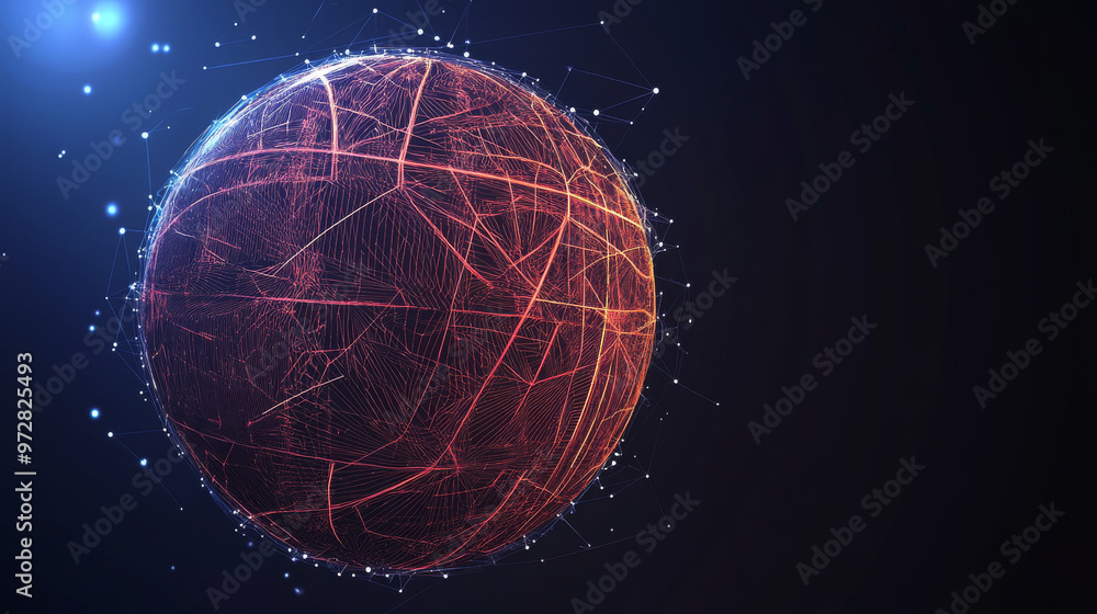Poster a futuristic vector illustration of a basketball, rendered with a wireframe mesh and polygonal eleme