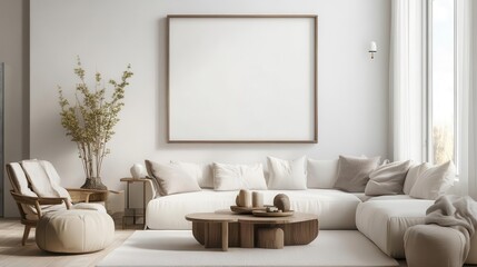 elegant living room featuring a large blank picture frame on a white wall with scandinavianstyle furniture and minimalist decor in soft neutral tones