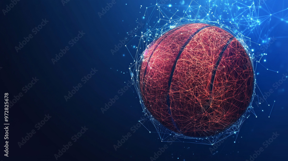 Poster a futuristic vector illustration of a basketball, rendered with a wireframe mesh and polygonal eleme