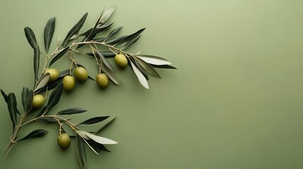 elegant olive branch composition on soft green background ripe olives and delicate leaves arranged in graceful curve evoking mediterranean ambiance and culinary sophistication