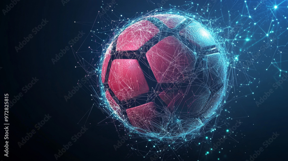 Poster a futuristic vector illustration of a football, designed with a technology-driven wireframe mesh and