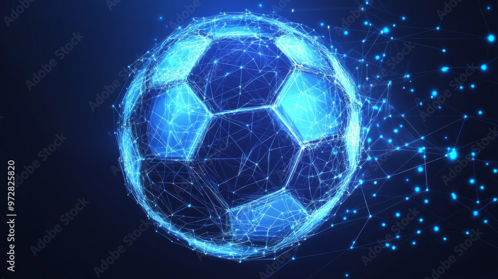 Poster a futuristic vector illustration of a football, designed with a technology-driven wireframe mesh and
