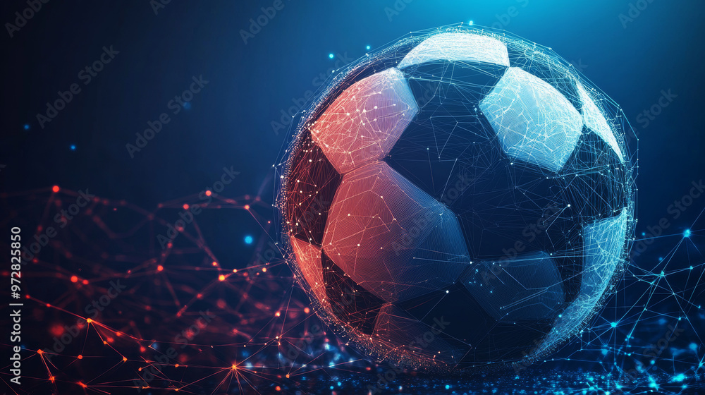 Poster a futuristic vector illustration of a football, designed with a technology-driven wireframe mesh and