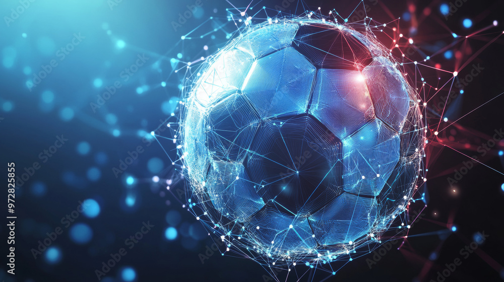 Poster a futuristic vector illustration of a football, designed with a technology-driven wireframe mesh and