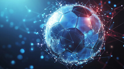 Obraz premium A futuristic vector illustration of a football, designed with a technology-driven wireframe mesh and polygonal elements. The image showcases a connection structure, highlighting a geometric and modern