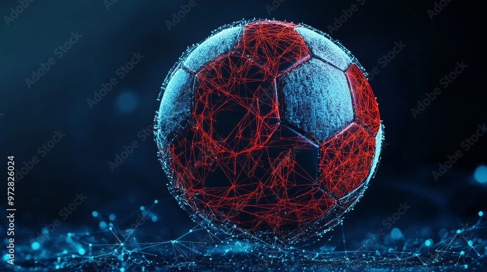 Poster a futuristic vector illustration of a football, designed with a technology-driven wireframe mesh and