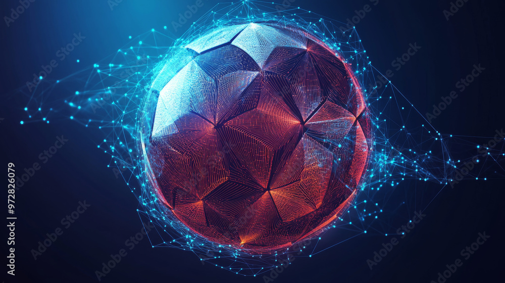 Poster a futuristic vector illustration of a football, designed with a technology-driven wireframe mesh and