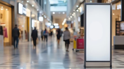elegant rollup banner mockup in bustling shopping center crisp white banner stands out against blurred background of shoppers and storefronts sleek design with ample copy space