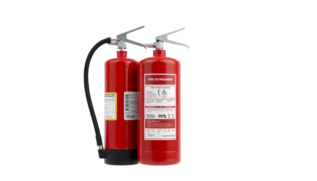 Two red fire extinguishers displayed on a transparent background for safety awareness and emergency preparedness