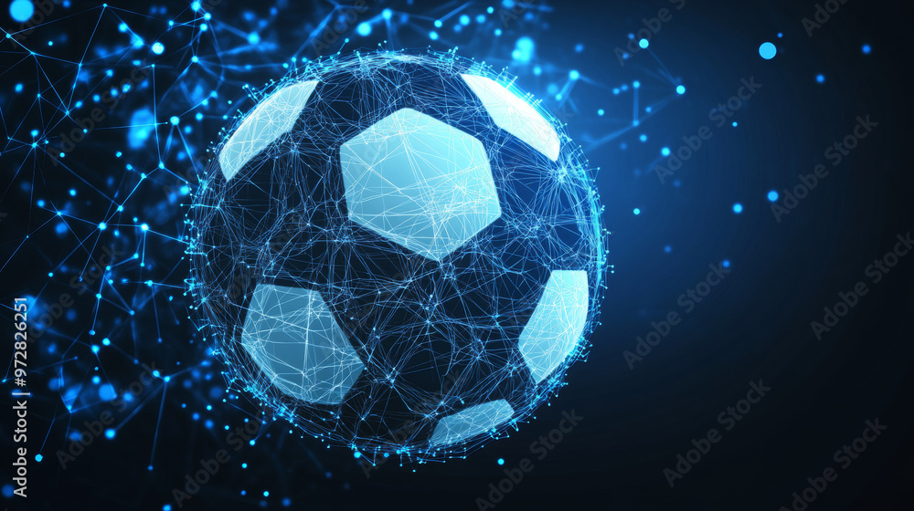 Poster a futuristic vector illustration of a football, designed with a technology-driven wireframe mesh and