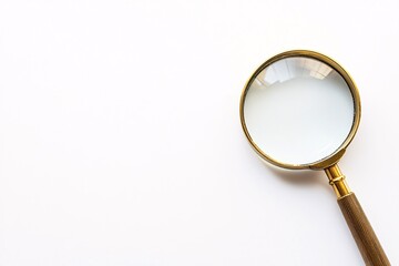 A vintage magnifying glass with a golden frame and patterned handle displayed on a light background